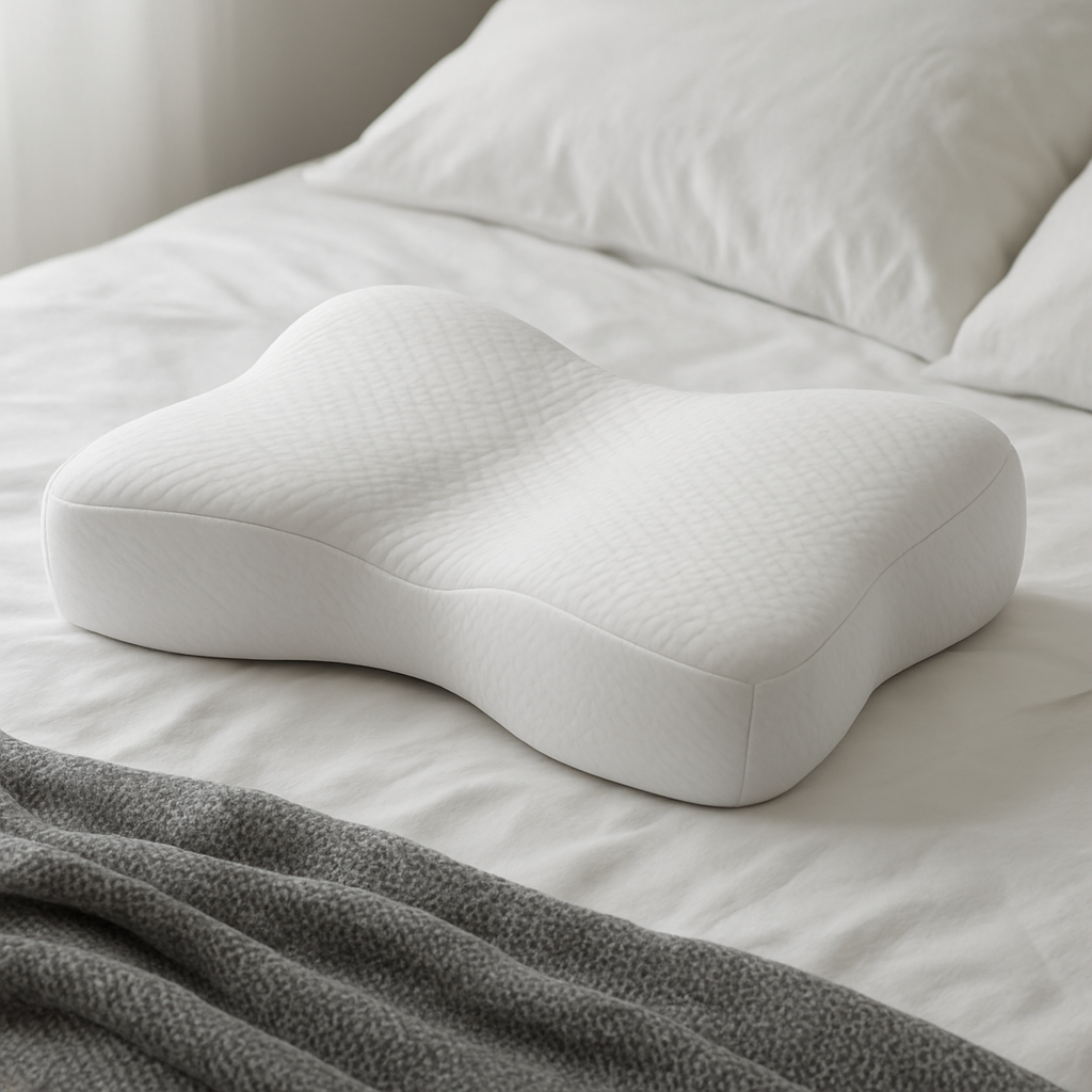 Contoured butterfly-shaped memory foam cervical pillow on white bedding