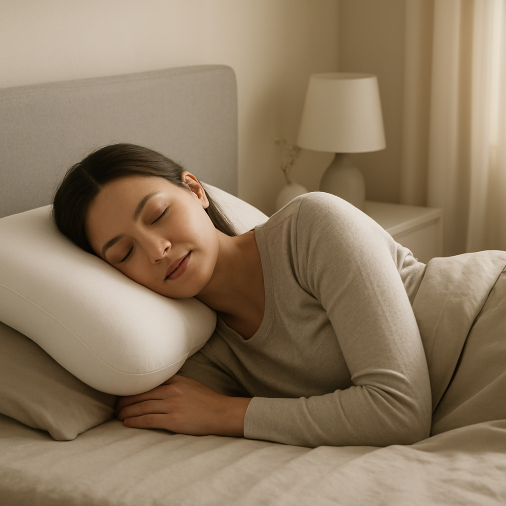 Person sleeping on their side on a contoured pillow